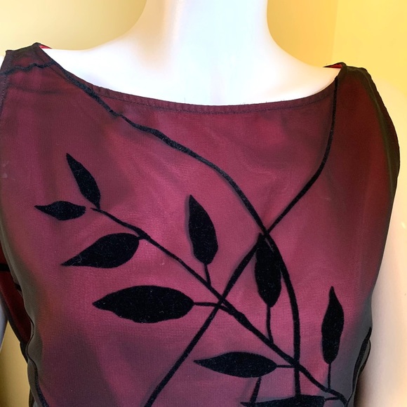 English Richards mini black & red Dress sheer mesh black velvet leaves US 12 - Picture 3 of 16
